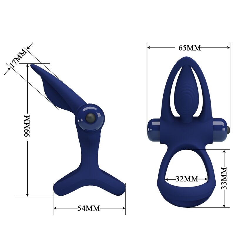 PRETTY LOVE - Mat, dobbelt ring med vibrator og stimulator blå