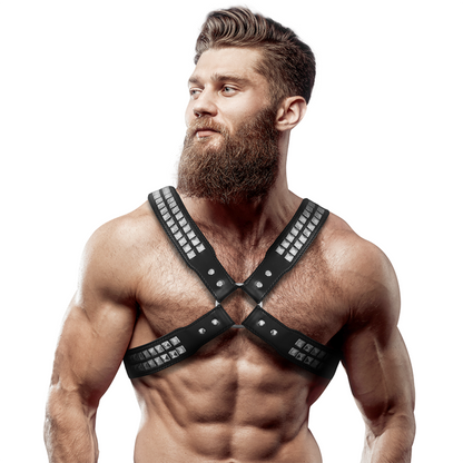 FETISH SUBMISSIVE ATTITUDE - Herre Crossed brystkasse Læder Harness med nitter